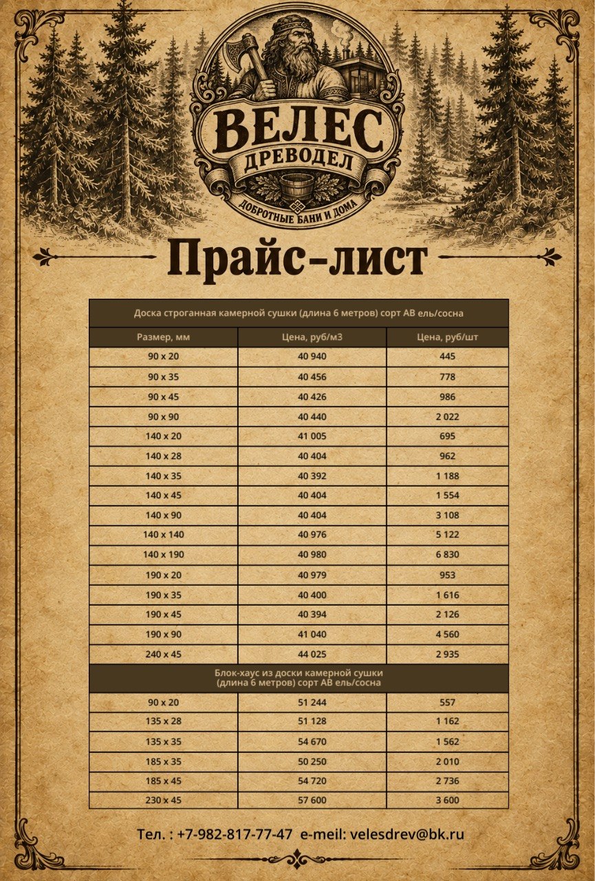 Прайс-лист: доска строганная камерной сушки и блок-хаус, сорт АВ ель/сосна